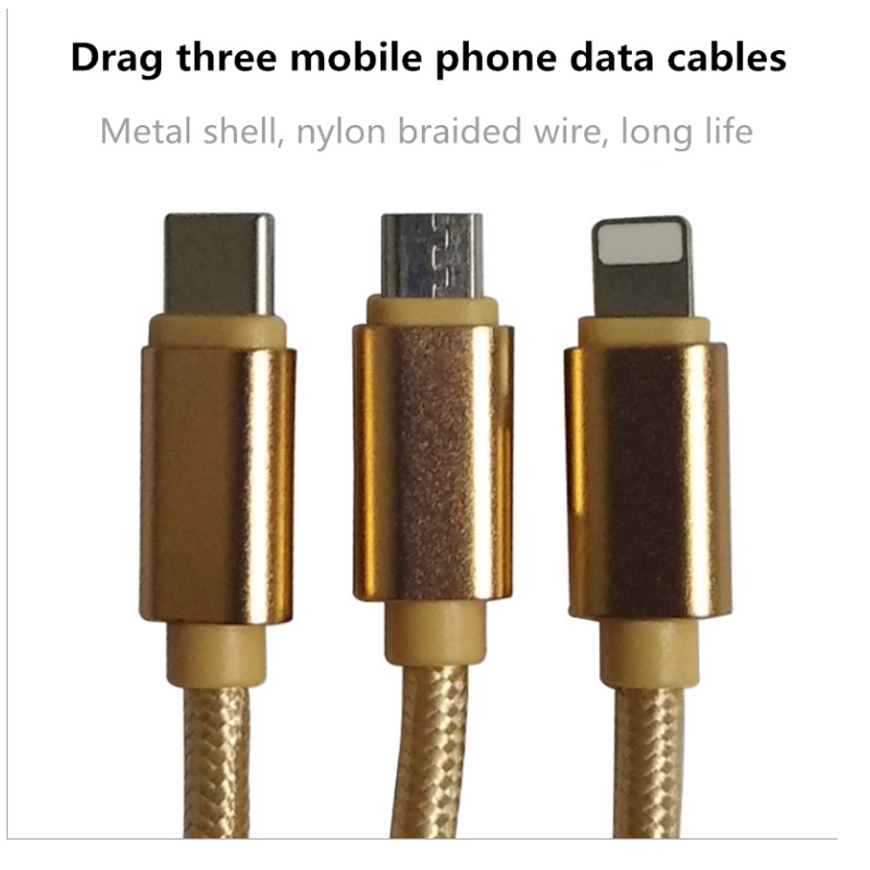 Mobile phone data line 2A tiger stripe nylon braid three-in-one safe fast charging data charging line
